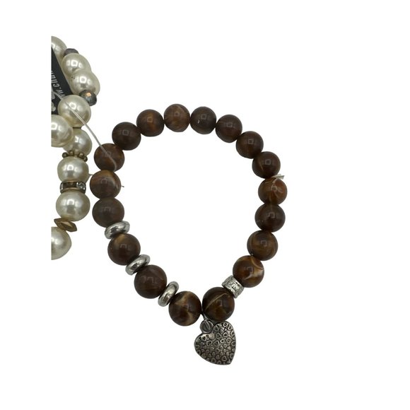 3 pack Beaded Stretch Bracelets Pearl and Brown Heart Charm - Picture 4 of 8